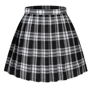 High-Waisted Pleated Plaid Skirt - Black and White